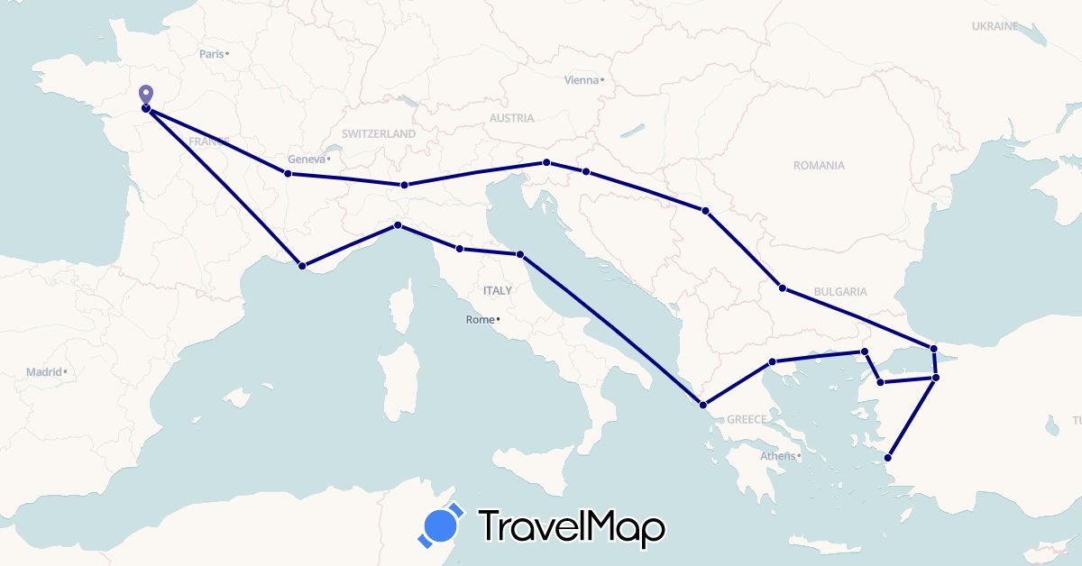 TravelMap itinerary: driving in Bulgaria, France, Greece, Croatia, Italy, Serbia, Slovenia, Turkey (Asia, Europe)